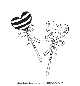 Vektor Umriss Herzform Lollipop Lebkuchen auf Stick mit Schleife. Handgezeichnete Kontur-Doodle-Clipart-Kunst. Zum Valentinstag, Dekoration der Süßwarengeschäfte, Illustration zum Essen. Liebe Süßigkeiten