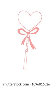 Vector outline heart shape lollipop gingerbread on stick with bow. Hand drawn contour doodle clip art. For Valentine's Day, confectionery decoration, food illustration. Template for creativity