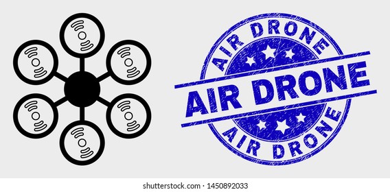 Vector outline hexacopter icon and Air Drone seal stamp. Blue round textured seal with Air Drone caption. Black isolated hexacopter icon in stroke style.