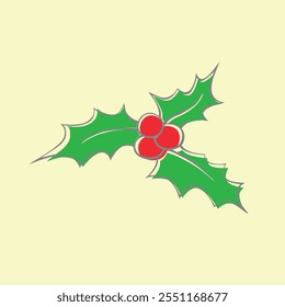 Vector outline Holly berry Christmas icon in flat doodle style. Color clip art, decoration, traditional element of holiday design isolated