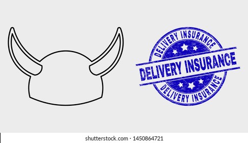 Vector outline horned helmet icon and Delivery Insurance stamp. Blue round grunge stamp with Delivery Insurance phrase. Black isolated horned helmet icon in stroke style.