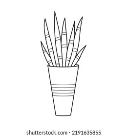 Vector outline house plant with long leaves. Indoor succulent plant in pot. Home plant for home and interior. Botanical doodle linear black and white illustration isolated on white background.
