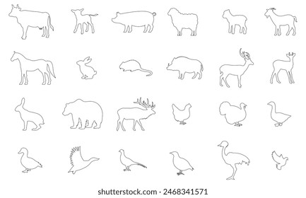 Vector outline icon, animals. Cow, calf, pig, sheep, lamb, goat, horse, rabbit, nutria, boar, deer, roe deer, hare, bear, elk, chicken, turkey, goose, duck, mallard, pheasant, partridge, ostrich,dove