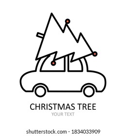Icono de contorno vectorial con auto cargando árbol de Navidad con juguetes. Silueta roja y blanca con línea negra.
