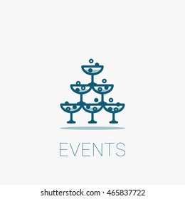 Vector outline icon. Champagne pyramid and promotion media channel and advertising concept.