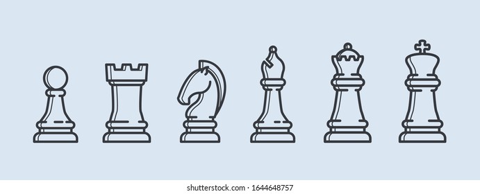 Vector outline icon chess. Chess icons. Chess pieces. Playing chess. King, Queen, rook, knight, Bishop, pawn