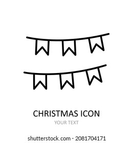 Vector outline icon with christmas toy - garland of flags. Outline drawing.