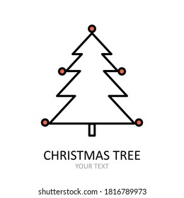 Vektorsymbol mit Weihnachtsbaum mit Spielzeug. Rot-weiße Silhouette mit schwarzer Linie.