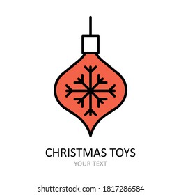 Vector outline icon with Christmas tree toys  - ornament. Black line with red color on white.