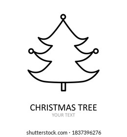 Vector outline icon with Christmas tree with toys. Red and white silhouette with black line.