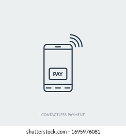 Icono de esquema del vector pago sin contacto - teléfono móvil con botón de pago y señal en línea