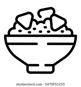 Vector outline icon depicting a bowl of rice with various toppings