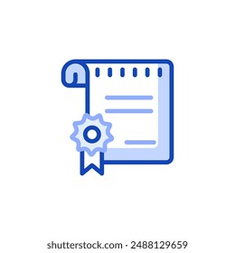 Vector outline icon depicting a certificate or diploma of completion of school, course with a medal.