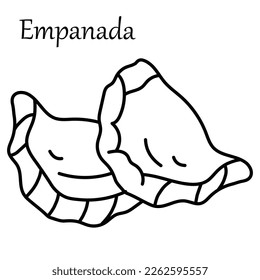 Vector outline icon of empanada with meat, cheese, vegetables isolated. savoury pastries with stuffing. line drawing. national cuisine, baked empanadas, burekas, panzerotti sketch