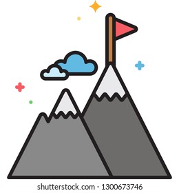 Vector outline icon of a flag on mountain top. Goal illustration concept.