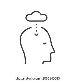 Vector outline icon of head with cloud storage and arrow. Machine Learning, Artificial Intelligence, Cloud Computing and Networks Design Concept. Seasonal Affective Disorder.