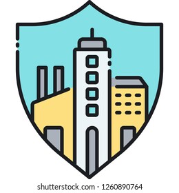 Vector outline icon illustration of city buildings and a shield, property insurance concept