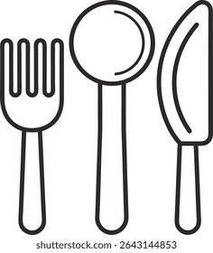 Vector outline icon of a knife, fork, and spoon isolated on a white background 