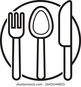 Vector outline icon of a knife, fork, and spoon isolated on a white background 