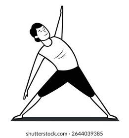 Ícone de contorno vetorial de um homem praticando Trikonasana (Pose triangular) sobre um fundo branco.