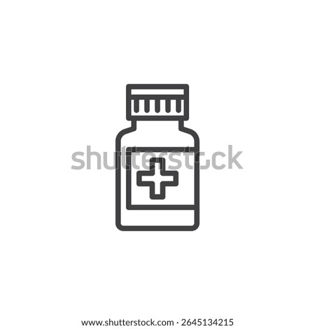 Vector outline icon of a medical bottle with a cross label. This line icon symbol is used in pharmaceutical and healthcare design for treatments.
