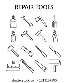 Vector outline icon with repair tools: hummer, wrench, paint roller, putty knife, nail puller, saw, pliers, ax, hacksaw, screwdriver, paint brush, sledgehammer,nippers, chisel.