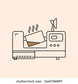 Vector outline icon of roaster machine. Equipment for roast coffee. Simple lined logotype. Element of design. Sign of roasting coffee in cafe isolated on beige background.  Automatic coffee roaster.