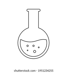 Vector outline icon round flask  with liquid and bubbles