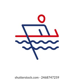 Vector outline icon of a rower sitting in a boat. Illustration of a rower holding an oar above his head. Rowing flat icon, pictogram. Sports events and competitions.