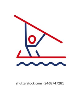 Vector outline icon of a rower sitting in a boat. Illustration of a rower holding an oar above his head. Rowing flat icon, pictogram. Sports events and competitions.