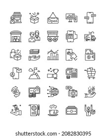 Vektorgrafik-Icon-Satz von Geschäftsinhabern und verwandten, Marketing und Business, 64x64 Pixel perfekt editierbarer, weißer Hintergrund