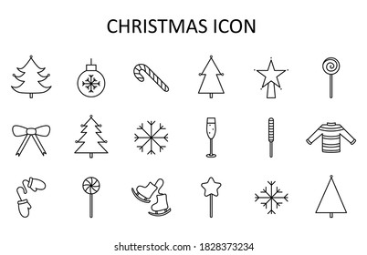Vector outline icon set with Christmas stuff: tree, toys, candy cane, chapagne, mittens, star, sweater, skates,snowflakes, bow. White silhouette with black line.