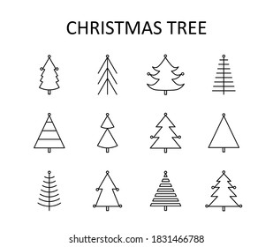 Icono de contorno vectorial con árbol de Navidad con juguetes. Silueta blanca con línea negra.