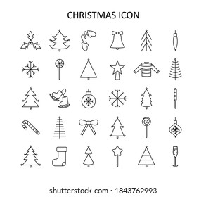 Vector outline icon set with Christmas stuff: tree, toys, mistletoe,  candy cane, chapagne, mittens, star, sweater, skates,snowflakes, bow. Red and white silhouette with black line.
