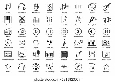 Vector outline icon set covering musical instruments headphone microphone equalizer acoustic sound waves piano keys and audio recording graphics