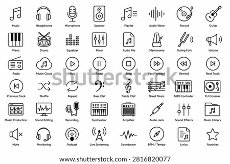 Vector outline icon set covering musical instruments headphone microphone equalizer acoustic sound waves piano keys and audio recording graphics