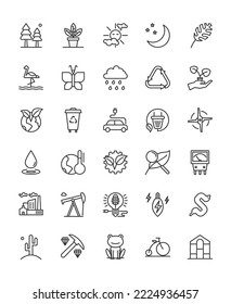 Vector outline icon set of ecology and environmental, green monotone color 64x64 pixel perfect editable stroke, nature and climate change concept for website UI media, mobile application, poster 