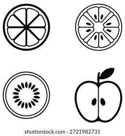 Conjunto de rodajas de fruta con Vector: manzana, naranja, limón y kiwi. Ilustración gráfica minimalista en blanco y negro para comida, salud, dieta y diseño.