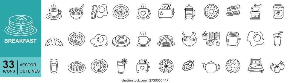 Vector outline icon set on the breakfast theme featuring coffee, pancakes, eggs, bacon, toast, croissant, cereal, juice, fruits, donuts and other morning food elements