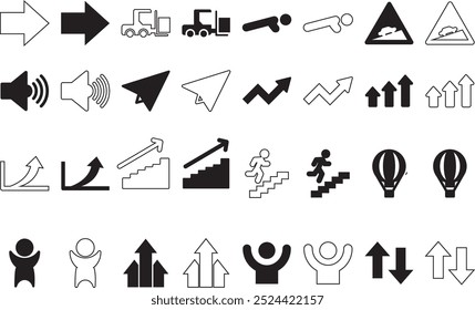 Vector and outline icon set - right arrow vector, fork loader, push ups, climb road sign, volume max, paper plane, growth, arrows up, career, air balloon, success, down, Solid, white background