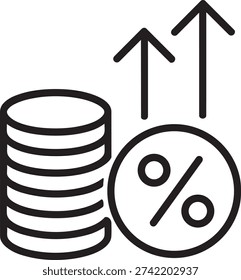 Vector outline icon showing a stack of coins with percent symbol representing financial tax increase concept