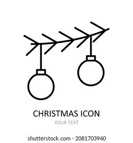 Vector outline icon with spruce branch with christmas balls. Outline drawing.