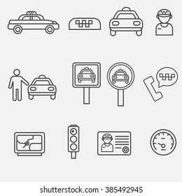 Vector outline icon of taxi. Taxi services outline icon. Taxi outline icon. taxi car, taxi cab, taxi driver, taxi on the phone. 