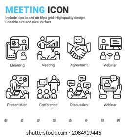 Vector Outline Icons About Meeting With Outline Style Isolated On White Background. Icon Conference, Presentation, Webinar, Teamwork And Coworking Sign Symbol Concept For Business. Editable Stroke