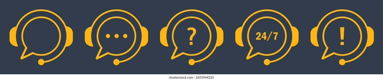 Vector outline icons of customer support headsets with chat bubbles, help, alert, and 24 7 service symbols. Ideal for call centers, help desks, and online communication interfaces.
