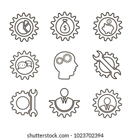 Vector outline icons. Gear, wrench, pig, currency, man, diagram