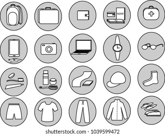 Vector outline icons in gray circles on a white background things for trips