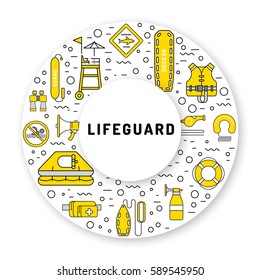 Vector outline icons of lifeguard equipment, hat helps save the lives of drowning people. Elements of equipment of the rescuer and rescue station