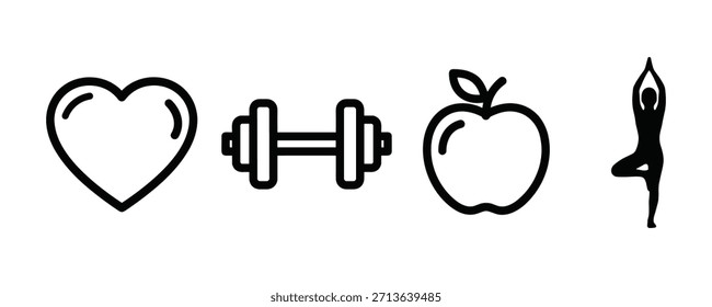 Iconos de contorno de Vector que representan un estilo de vida saludable, incluyendo una pose de corazón, mancuerna, manzana y yoga. Elementos de fitness y bienestar.