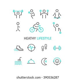 Vector outline icons set - sport, yoga, fitness and health made in trendy linear style isolated on white background.